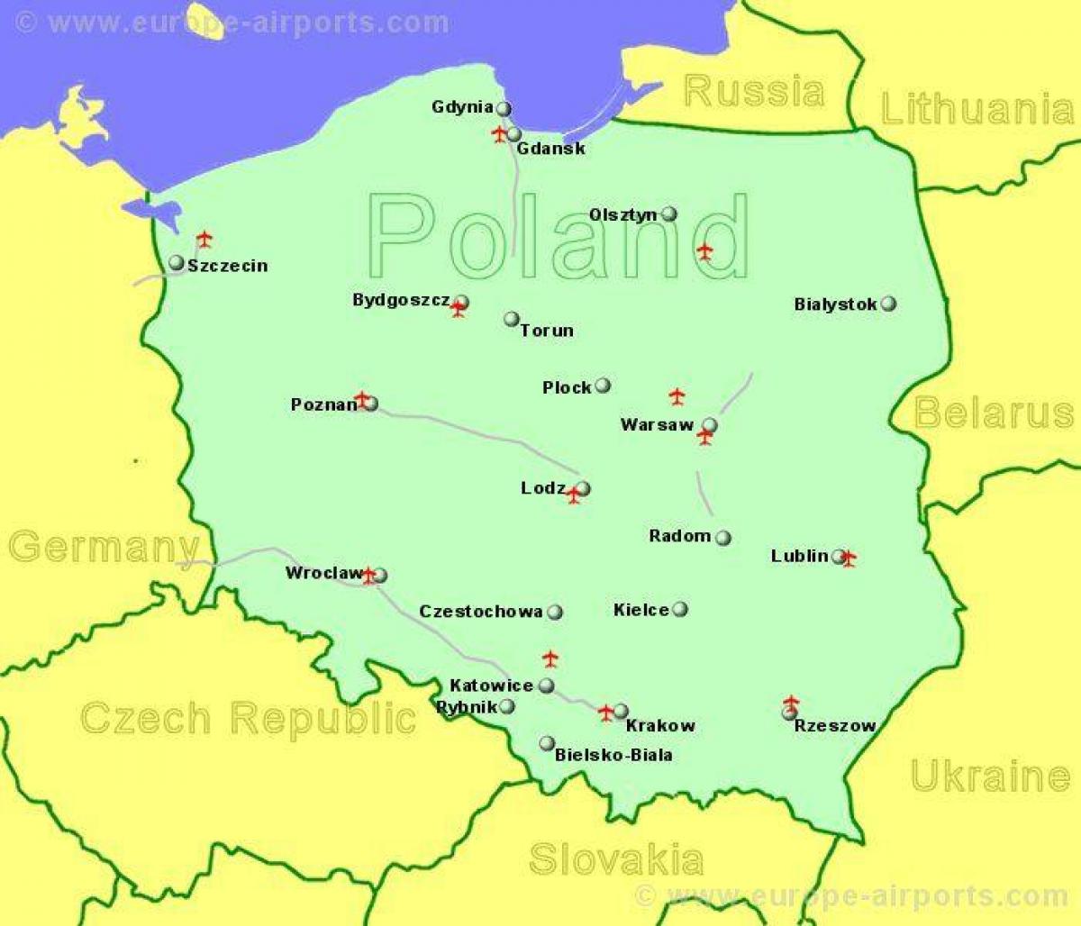 Poland airports map - Map of Poland showing airports (Eastern Europe