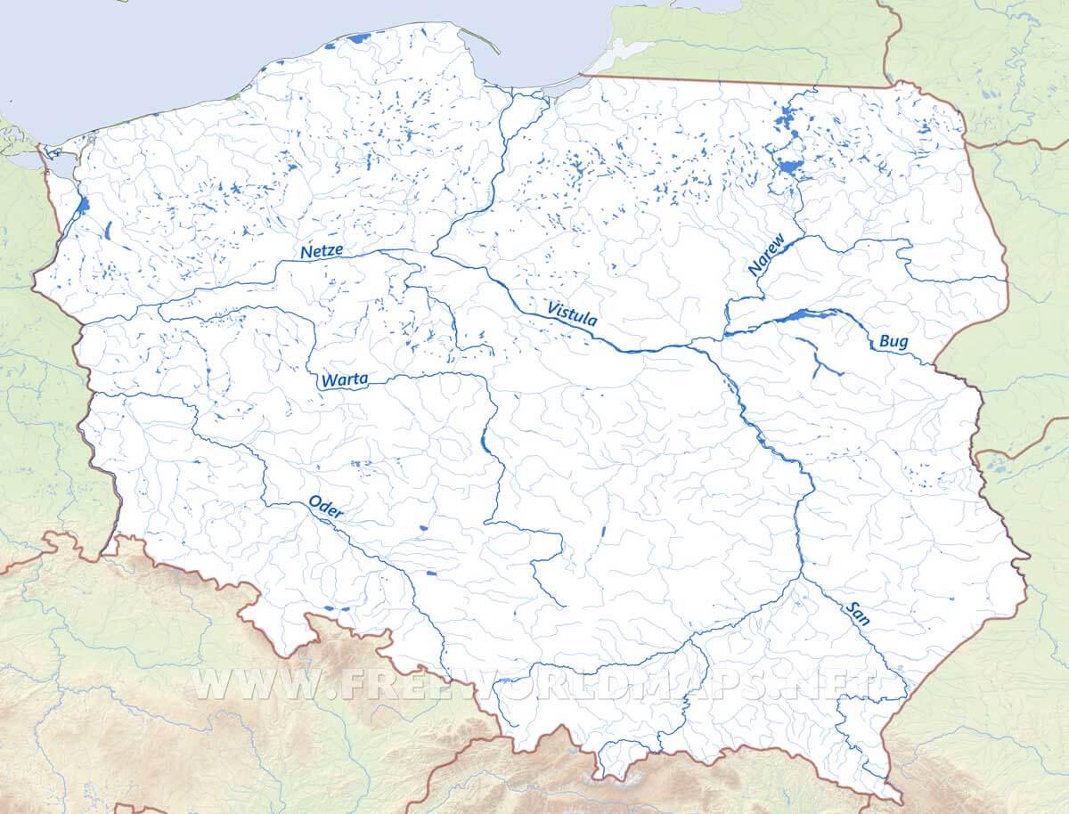 Poland rivers map - Map of Poland rivers (Eastern Europe - Europe)