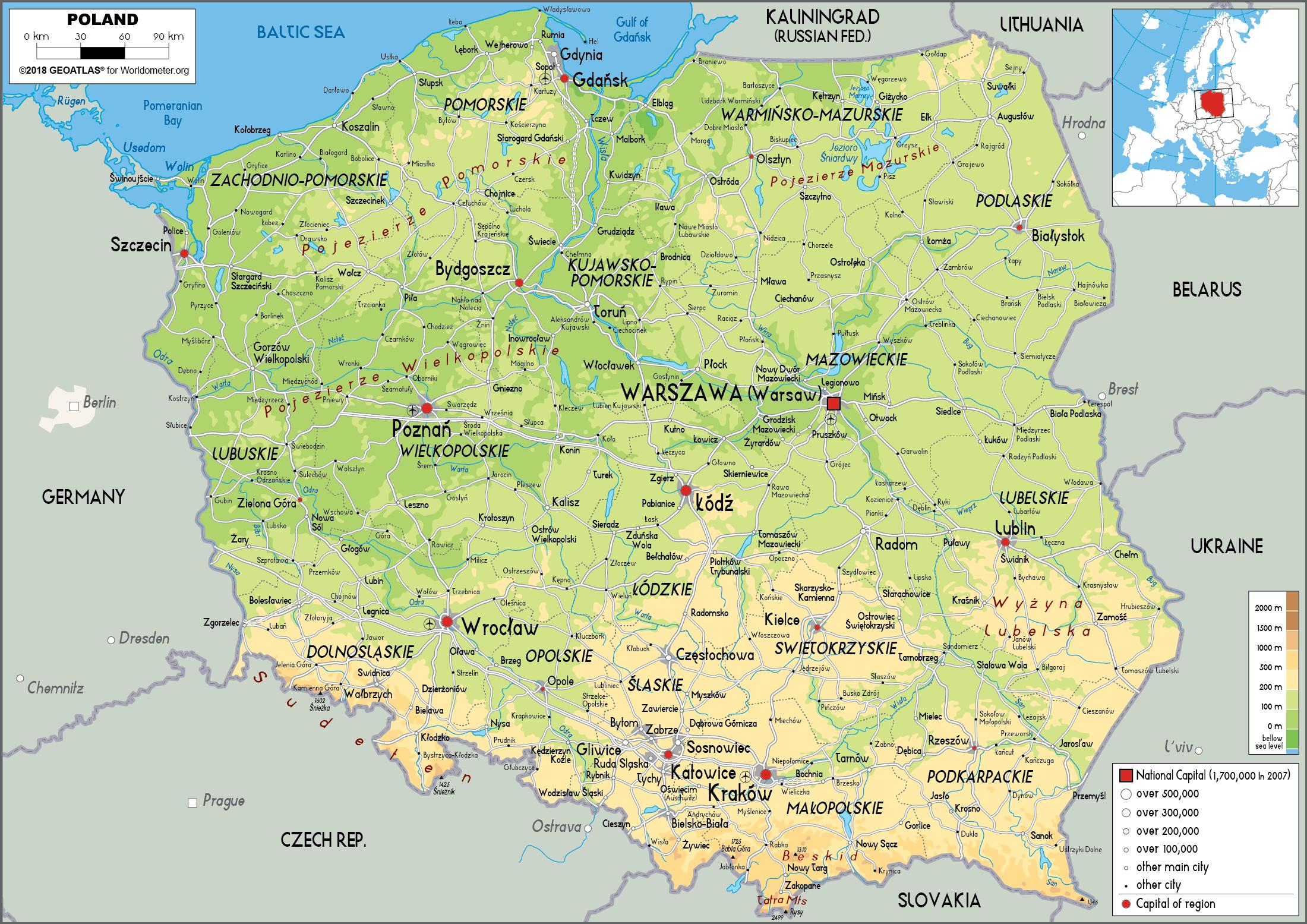 Physical map of Poland - Poland elevation map (Eastern Europe - Europe)