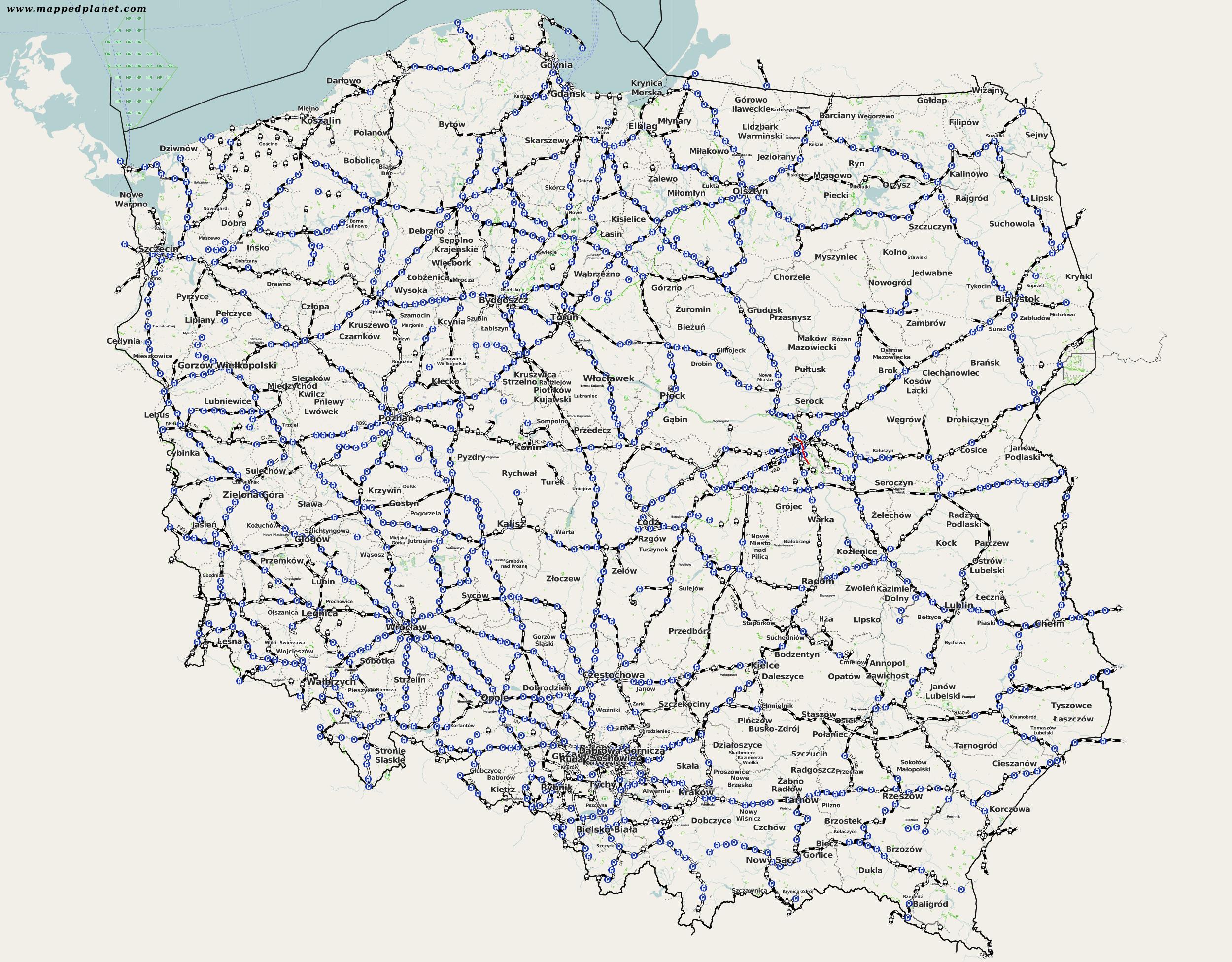 Poland rail map - Poland train map (Eastern Europe - Europe)